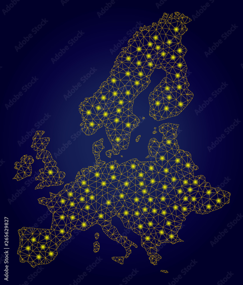 Poster yellow mesh vector european union map with glare effect on a dark blue gradiented background. abstra