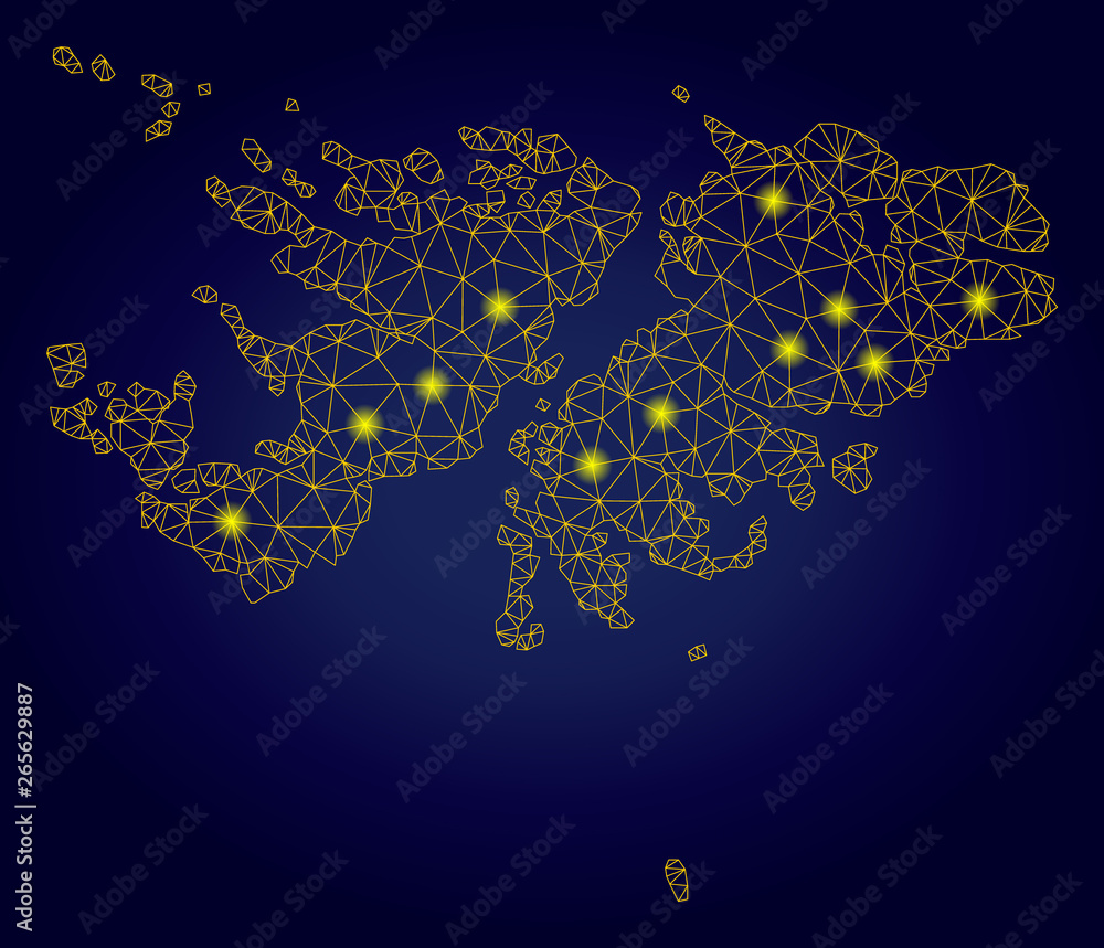 Poster yellow mesh vector falkland islands map with glare effect on a dark blue gradiented background. abst
