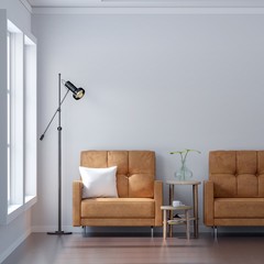 Living room with Leather sofa have pillows, Minimal Rustic, 3D Rendering