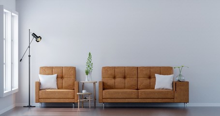 Living room with Leather sofa have pillows, Minimal Rustic, 3D Rendering