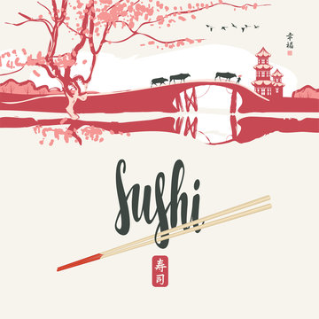 Vector banner or menu with calligraphic inscription Sushi and chopsticks on a background on japanese landscape with pagoda. Hieroglyph Sushi. Japanese cuisine