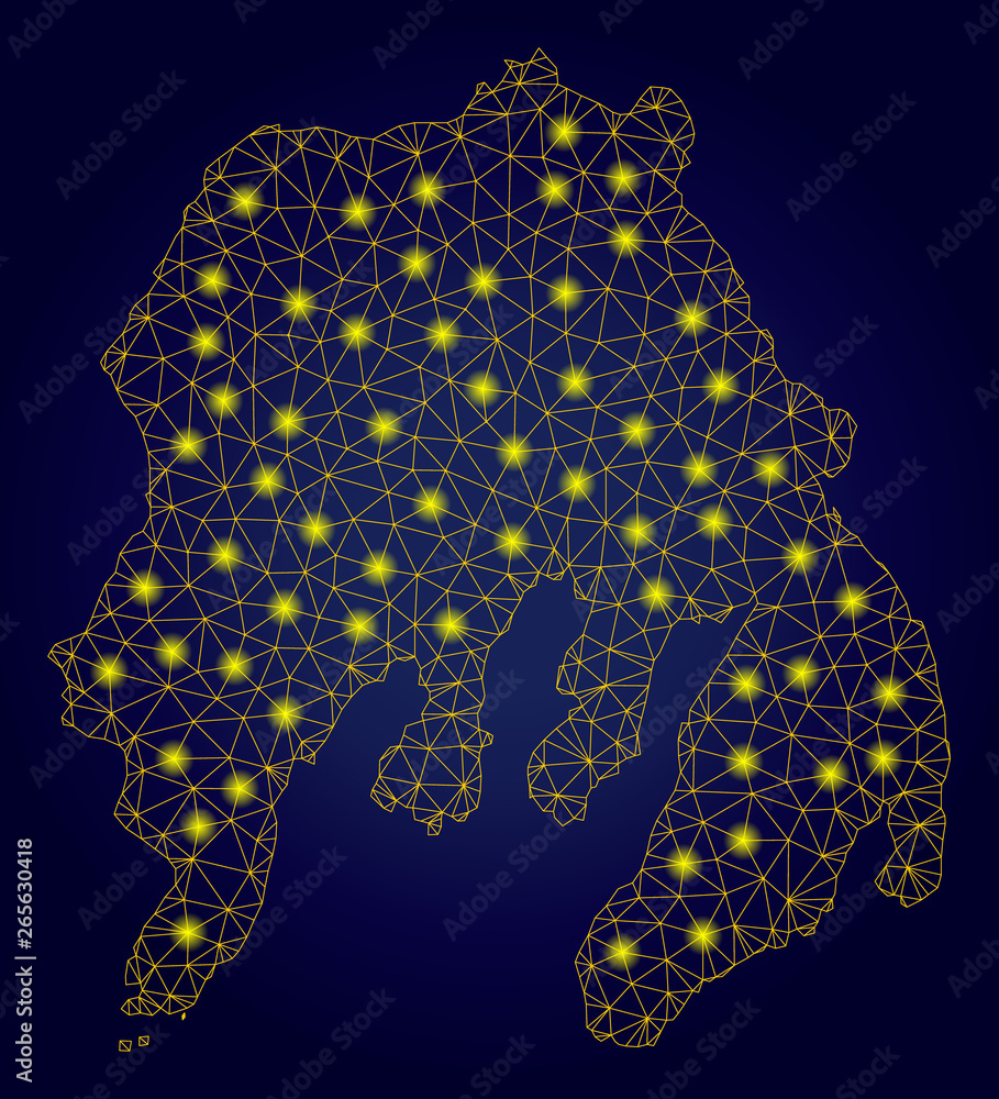 Poster yellow mesh vector gambier island map with glare effect on a dark blue gradiented background. abstra