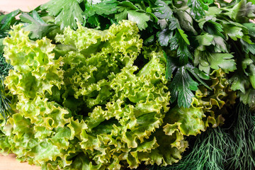 A lot of fresh fragrant dill and parsley with lettuce leaves. Vegetarian and raw food. Healthy...
