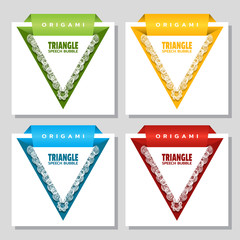 Triangular origami with lace edge speech bubble. Origami dialogue banner for your message. Special offer. Discount tag, badge, emblem. Web stickers. Price tag template for catalog with space for text