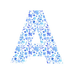 watercolor letter A with a pattern of flowers and leaves