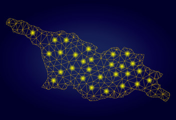 Yellow mesh vector Georgia map with glow effect on a dark blue gradiented background. Abstract lines, light spots and small circles form Georgia map constellation.