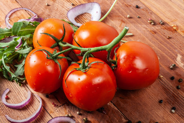 Fresh fragrant salad with tomatoes, cucumbers, onions, parsley, dill and lettuce leaves. Vegetarian...