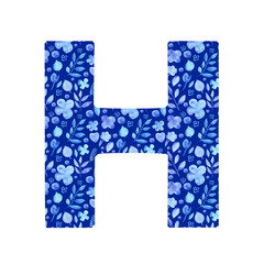 watercolor letter H with a pattern of  flowers and leaves