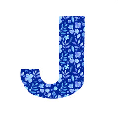 watercolor letter J with a pattern of  flowers and leaves