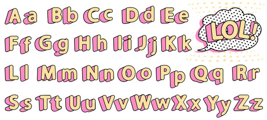 Set of cute lol doll alphabet. Yellow letters with pink shadow for little princess. Vector retro vintage typography . Font collection title or headline modern kids t-shirt design. Girlish sweet style