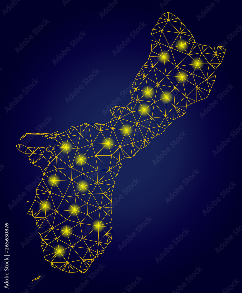 Poster yellow mesh vector guam island map with glare effect on a dark blue gradiented background. abstract 