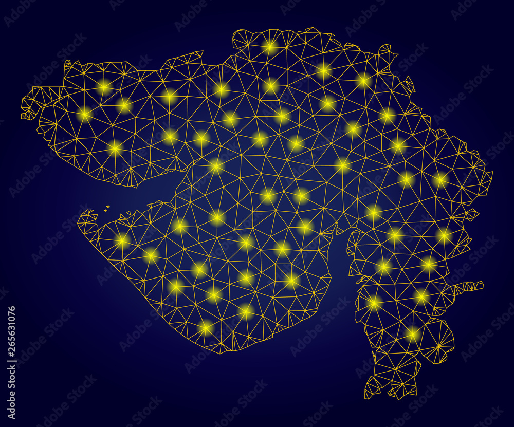 Poster yellow mesh vector gujarat state map with glow effect on a dark blue gradiented background. abstract