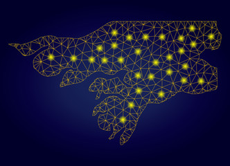 Yellow mesh vector Guinea-Bissau map with glare effect on a dark blue gradiented background. Abstract lines, light spots and spheric points form Guinea-Bissau map constellation.