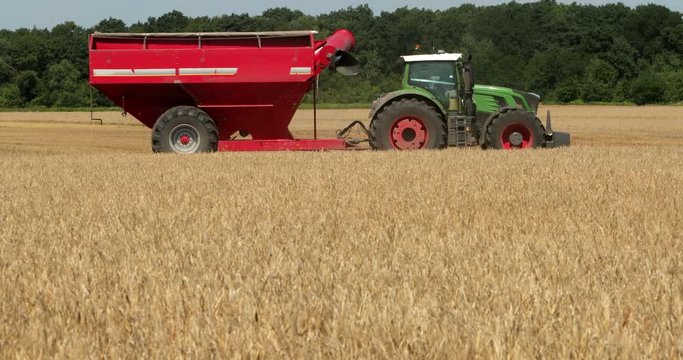 A Green Tractor Trailer With A Red Grain Tank Riding In The Field. Prores, Slow Motion