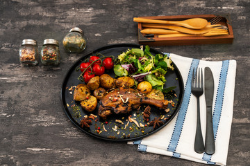 Dish made with cooked duck meat, dehydrated potato, fresh cream of mushroom and cheese