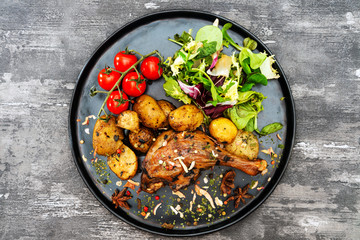 Dish made with cooked duck meat, dehydrated potato, fresh cream of mushroom and cheese