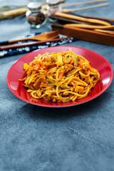 Vegetable noodles with chicken meat preparation