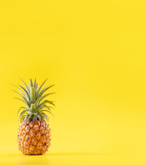 Beautiful fresh pineapple isolated on bright yellow background, summer seasonal fruit design idea pattern concept, copy space, close up