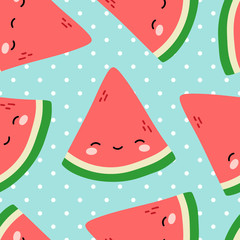 Watermelon Cute Face Seamless Pattern Background, Vector illustration