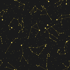 Seamless space pattern with different zodiac constellation and stars. Black background - 265633453