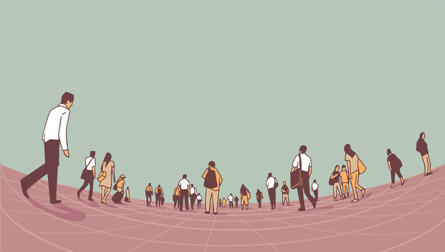 Illustration Of City Crowd Walking On Platform From Low Angle Perspective