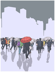 Detailed illustration of city urban crowd with umbrella in perspective