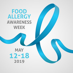 A square vector image with a teal ribbon as a symbol of a food allergy awareness. A world allergy day. A template for a medicine flyer poster card design 