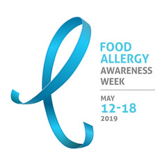 A square vector image with a teal ribbon as a symbol of a food allergy awareness. A world allergy day. A template for a medicine flyer poster card design 