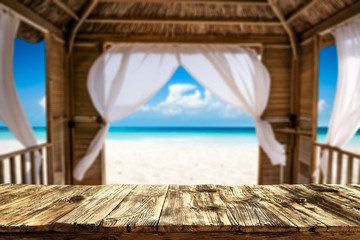 Obraz na płótnie Canvas Desk of free space and summer beach landscape 