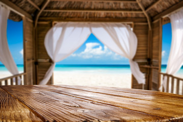 Desk of free space and summer beach landscape 