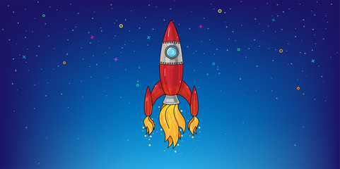 Space background with red rocket linear illustration