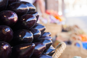 Fresh eggplant on market counter