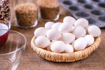 Eggs in basket and baking dish