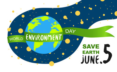World Environment Day eco landing page. 3d paper cut ecology friendly poster, banner design. Vector illustration. Paper carving layer green ribbon, earth planet in space with stars on white- Vector