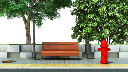 street background bench on the sidewalk 3d render on white