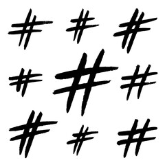 Hand drawn hashtag signs isolated on white background. Trendy grunge communication sign for logo, blog, social network, internet application. Black Hashtag signs.