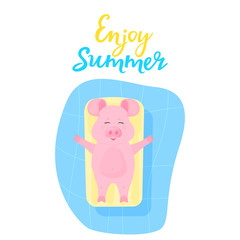 Enjoy summer. Cute pig on summer vacation swims and sunbathes on an inflatable water mattress in the pool. Funny animal. Piggy Cartoon Character.