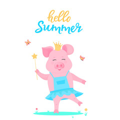 A cute pig princess in a dress with a magic wand in hand is played on a green lawn. Funny animal. Piggy Cartoon Character. Hello summer
