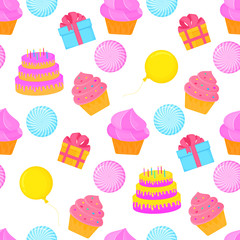 Cake with candles, cupcake, balloon, box with a gift. Festive background for a Birthday party. Can be used as packaging, as wrapping paper, wallpaper