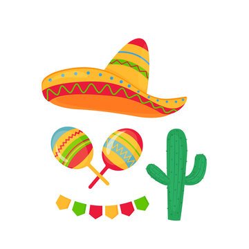 Cinco de Mayo. 5th of May. Sombrero, maracas, cactus and garland with flags