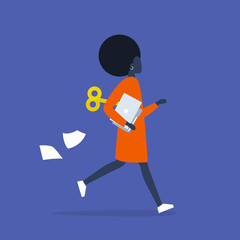 Young black female active character running with a clockwork mechanism. Efficiency at work, conceptual illustration. Flat editable vector illustration, clip art