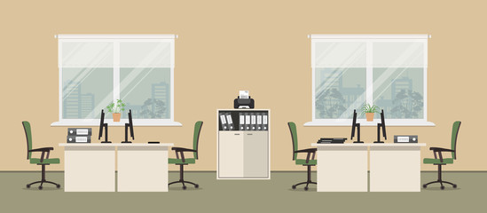Office room in a beige color. There are tables, green chairs, a cabinet for documents, a printer and other objects in the picture. Vector flat illustration