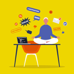 Meditation. Yoga at the office. Harmony and relaxation. Calm male character sitting in a lotus pose on a desk surrounded by the cloud of pop up notifications. Flat editable vector illustration