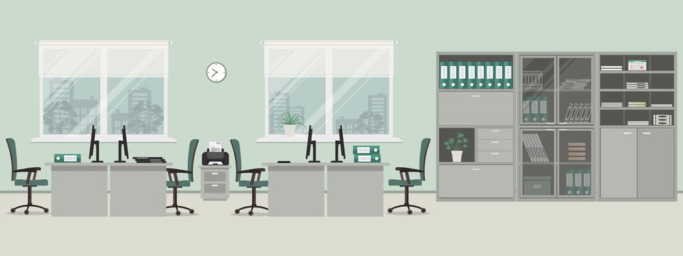 Office room in a gray color. There are tables, green chairs, cabinets for documents, printer and other objects in the picture. Vector flat illustration