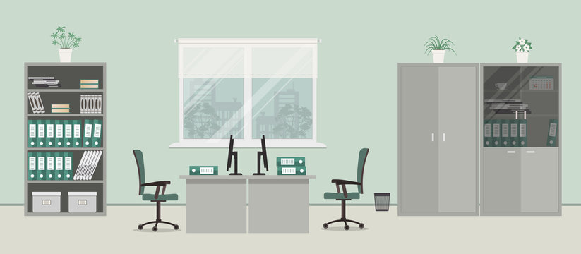 Office room in a gray color. There are desks, green chairs, cabinets for documents and other objects on a window background in the picture. Vector flat illustration