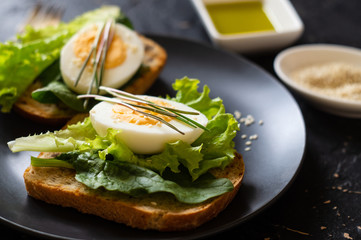 Toast of unleavened bread with lettuce, basil, egg and microgreen
