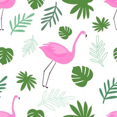 Seamless Pattern of Flamingo With Green Tropical Leaves Vector Illustration