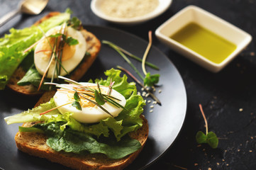 Toast of unleavened bread with lettuce, basil, egg and microgreen