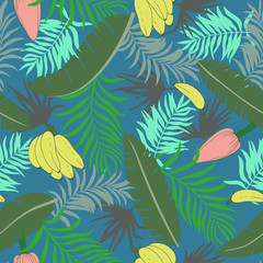 Fototapeta na wymiar Tropical background with palm leaves and bananas. Seamless floral pattern. Summer vector illustration. Flat jungle print