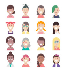 Diversity people avatar flat icon set, vector women characters